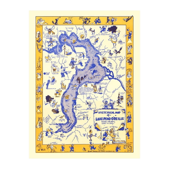 Lake Pend O'Reille Art, 1944 Vintage Map of Lake Pend O'Reille History Wall Decor Gift, Old Lake Pend O'Reille Map - 18" x 24" Unframed Print