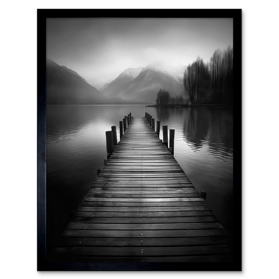 Lake Pier Mountain Landscape Black and White Photo Art Print Framed Poster Wall Decor 12x16 inch
