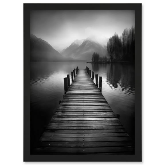 Lake Pier Mountain Landscape Black and White Photo Artwork Framed Wall Art Print A4