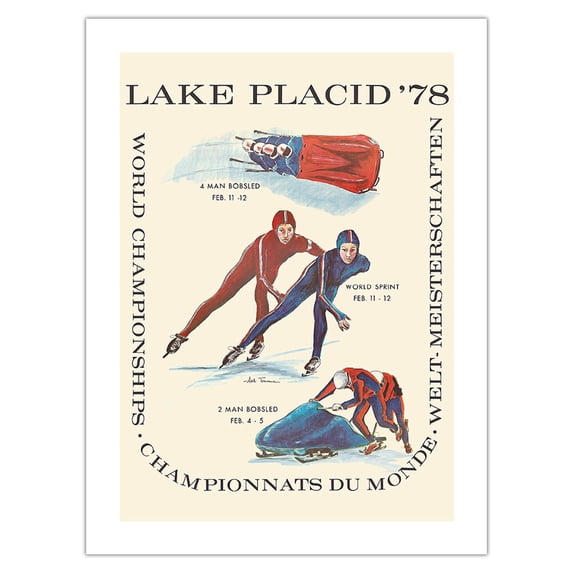 Lake Placid - 1978 World Championships - World Sprint & Bobsledding - Vintage Travel Poster by Arti Torrance c.1978 - Bamboo Fine Art 290gsm Paper (Unframed) 12x16in