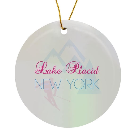 3drose, Lake Placid, New York Decorative Text of Blue and Red Color, Circle Porcelain Ornament