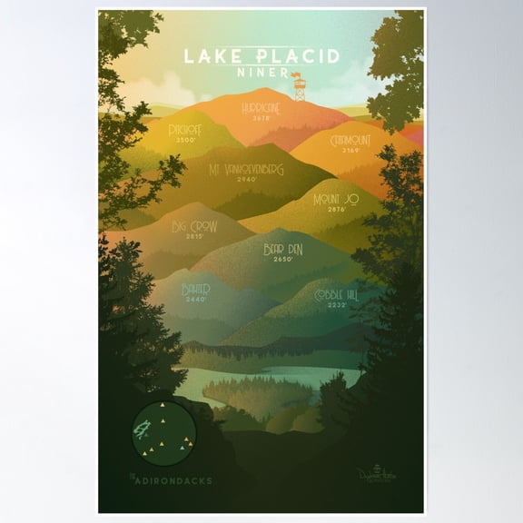 Lake Placid Niner Adirondacks Ny Mountain Hiking Poster Wall Art, Modern Wall Decor, 8x12 UNFRAMED
