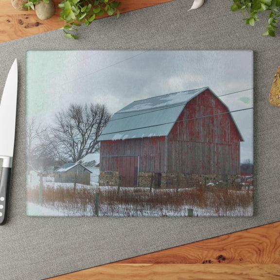 U R There Photography Lake Pleasant Stone Red and Little Grey Rustic Farmhouse Tempered-Glass Cutting Board 11"x 15"