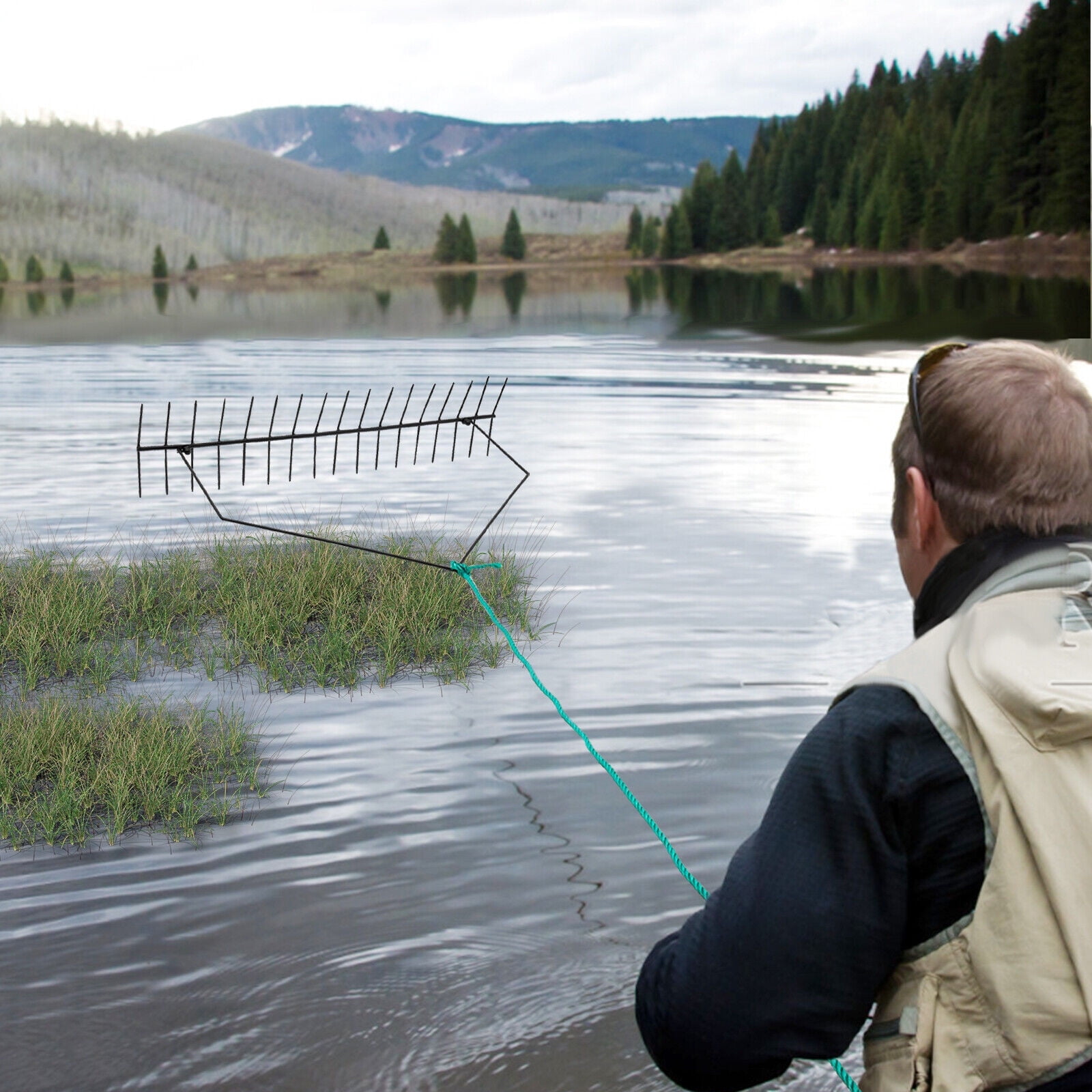 Lake/Pond Rake 32" Dual Sided Weed Rake with 66ft Rope Weed & Grass Removal Tool