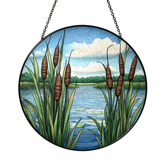 Lake Reeds and Cattails Stained Glass Suncatcher Window Hanging, Nature Inspired Wetland Decorative Glass Style Panel, Rustic Landscape Art Ornament for Home Window Decor