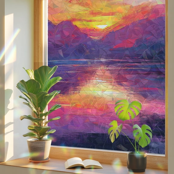Lake Reflection Landscape Window Privacy Film, Rainbow Film Decorative Window Sticker 17.7x39.3in, Mountain Peaks Sunset Sun Blocking Static Stained Glass Cling Tint Non-Adhesive