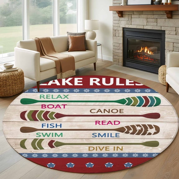 Lake Rules 7ft Round Rug for Living Room Conversation Area, Summer Quant Star Stripes Wood Grain Farmhouse Washable Non Slip Large Circle Area Rug