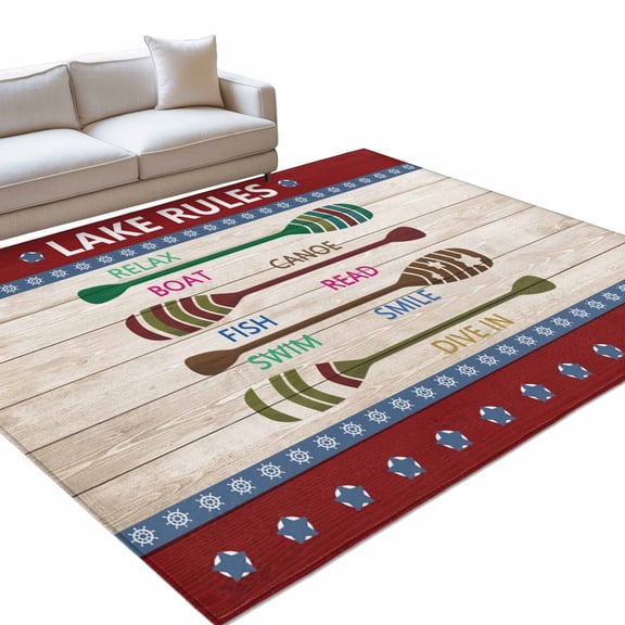 Lake Rules Area Rugs 6x9ft Summer Quant Star Stripes Wood Grain Farmhouse Floor Rug Non Slip Low Pile Ultra Soft Throw Carpet for Entryway Indoor Entrance Kitchen Bathroom