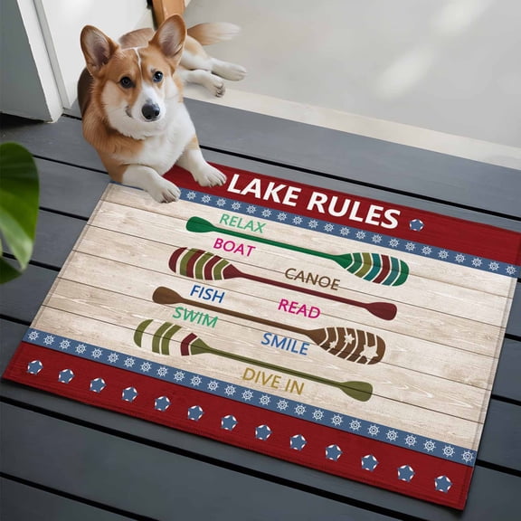 Lake Rules Bathroom Mat 2x3 FT, Non Slip Small Kitchen Mat, Red Green Brown Paddle Striped Rudder Wooden Washable Backed Front Door Throw Rug Non-Shedding Indoor Outdoor Doormat for Entryway Sink