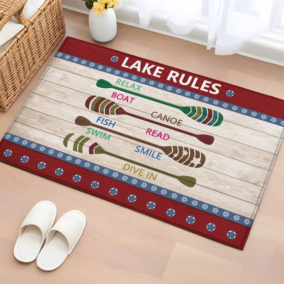 Lake Rules Bathroom Rug Washable 2x3 Entryway Rug Non Slip Red Green Brown Paddle Striped Rudder Wooden Front Door Mat Low Pile Indoor Doormat Throw Floor Carpet for Kitchen Bedroom Entrance
