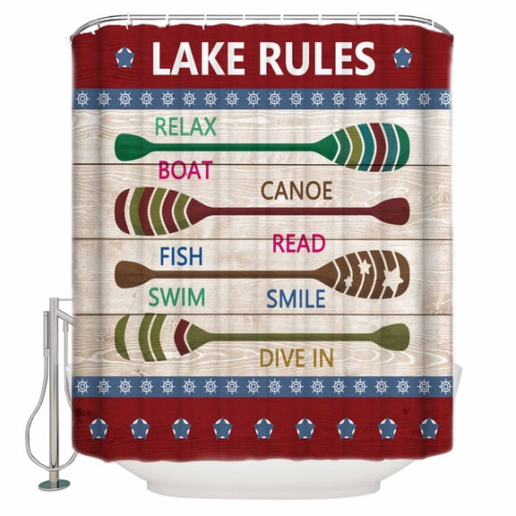 Lake Rules Bathroom Shower Curtains with 12 Hooks Polyester Waterproof Shower Curtain for Stalls and Bathtubs Red Green Brown Paddle Striped Rudder Wooden Decorative Bathroom Privacy Curtain 36x72 In