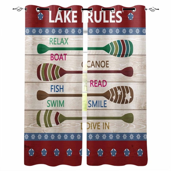 Lake Rules Blackout Curtains for Bedroom Living Room Darkening Curtains 63 Inches Long Red Green Brown Paddle Striped Rudder Wooden Window Curtain 2 Panels Set Window Treatment Grommet Drapes 42"x63"