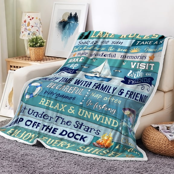 Lake Rules Blanket for Couch,Farmhouse Blue Vintage Barn Door Wooden Inspirational Quotes Blankets,Soft Cozy Flannel Blanket for All Season,Home Bed Office Travel Camping(50X60 Inches)