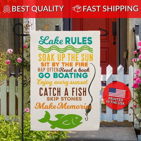 Lake Rules Burlap Garden Flag Fishing Cabin Lakeside Decor Printed in USA 1