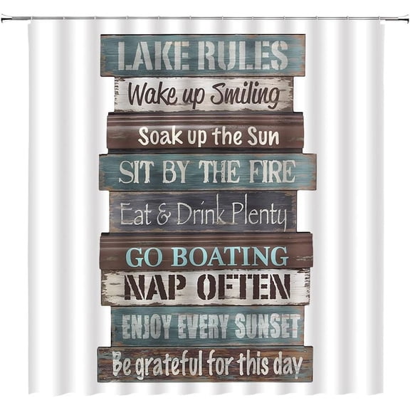 Lake Rules of Cabin Shower Curtain Vintage Wooden Lake Rules Rustic Lodge Funny Inspirational Quotes Plank Camping Retro Farmhouse Bathroom Decor Fabric Curtain with Hooks