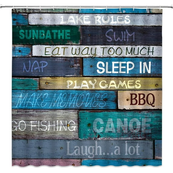 Lake Rules of Cabin Shower Curtain Vintage Wooden Lake Rules Rustic Lodge Funny Inspirational Quotes Plank Camping Retro Farmhouse Bathroom Decor Fabric Curtain with Hooks