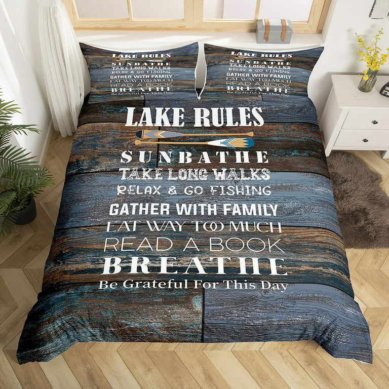 Lake Rules Comforter Cover Lake Cabin Decor,Vintage Country Retro
