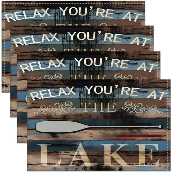 Lake Rules Decorative Table Place Mats, Welcome to The Lake Square Placemats for Dining Table for Couch Bedroom Living Room,Lake House Decor Brown Table Mats for Kitchen Decor,18"x12"