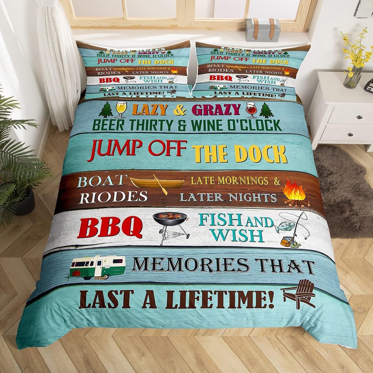 Lake Rules Duvet Cover Lake House Bedding Set Queen Size, Country