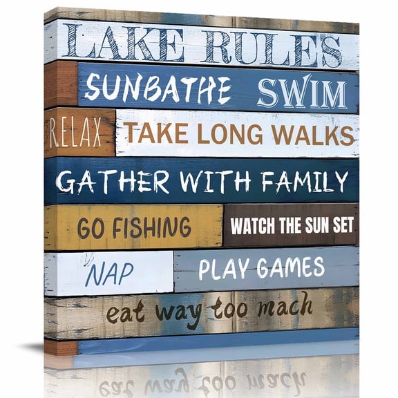 Lake Rules Farm Blue Wood Board Canvas Artwork Painting Art, Quote Wooden Grain Square Framed Wall Decorations Prints Picture for Bedroom Kitchen Living Room, 12x12 in