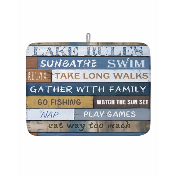 Lake Rules Farm Blue Wood Board Dish Drying Mats for Kitchen Counter,Absorbent Microfiber Dish Drainer Rack Mat Quote Wooden Grain Drying Pad for Sinks,Utensils,Countertops,18x24in