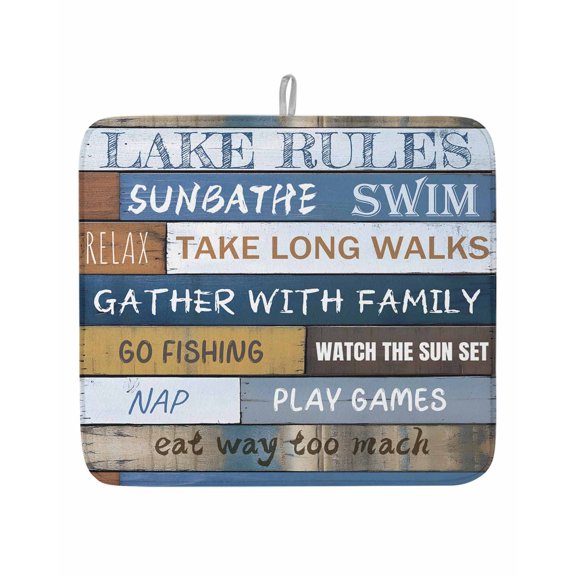 Lake Rules Farm Blue Wood Board Dish Drying Mats for Kitchen Counter,Absorbent Microfiber Dish Drainer Rack Mat Quote Wooden Grain Drying Pad for Sinks,Utensils,Countertops,16x18in