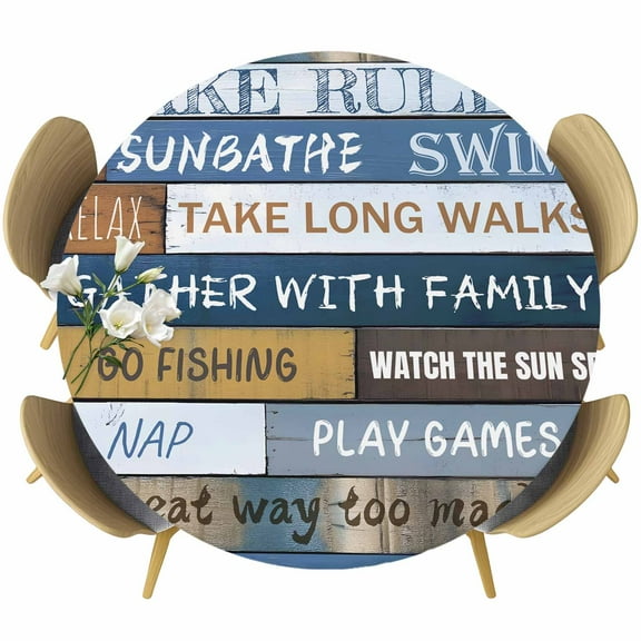 Lake Rules Farm Blue Wood Board Fitted Round Tablecloths Table Covers 36"-44",Waterproof Table Cloth for Kitchen Holiday Party Tables Decor