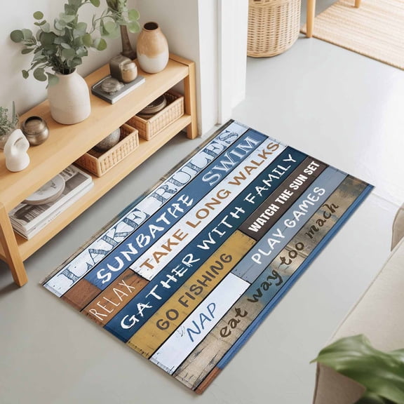 Lake Rules Farm Blue Wood Board Rectangle Rug 2'x3' Quote Wooden Grain Washable Area Rugs for Living Room Bedroom Entryway Non Slip Entrance Door Mat Indoor Floor Carpet
