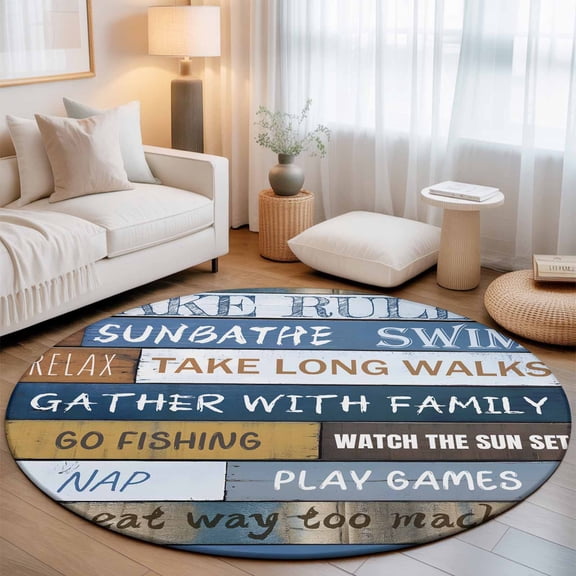 Lake Rules Farm Blue Wood Board Round Rug 5ft Quote Wooden Grain Washable Area Rugs for Living Room Bedroom Entryway Non Slip Entrance Door Mat Indoor Floor Carpet