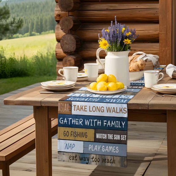 Lake Rules Farm Blue Wood Board Table Runner 13x90in Non-Slip Cotton Linen Table Runners, Quote Wooden Grain Dresser Scarves TableRunner for Dinner Kitchen Dining Wedding Party