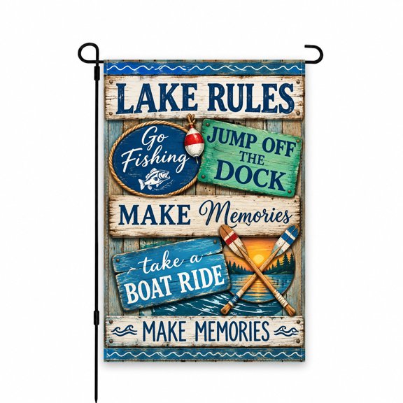Lake Rules Garden Flag 12x18 Inch Rustic Lake House Decor with Go Fishing, Jump off the Dock, Boat Ride Signs Yard, Lawn, Patio, Porch Outdoor Display