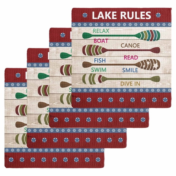 Lake Rules Kitchen Dish Towels for Drying Dishes Set of 4, Red Green Brown Paddle Striped Rudder Wooden Waffle Weave Microfiber Hand Tea Bathroom Towels Quick Dry & Absorbent Towel 12x12