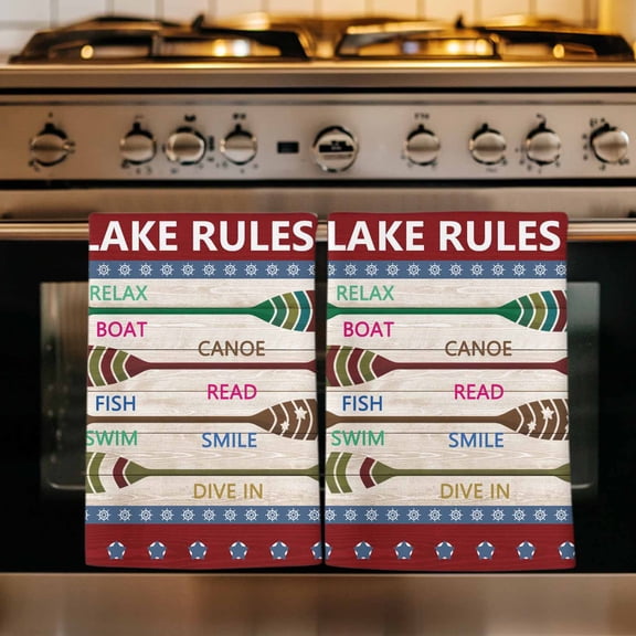 Lake Rules Kitchen Towels Set of 1, Red Green Brown Paddle Striped Rudder Wooden Absorbent Dish Towels for Kitchen, Microfiber Hand Towel, Quick Drying Tea Towel for Cleaning Decorative Dishcloths