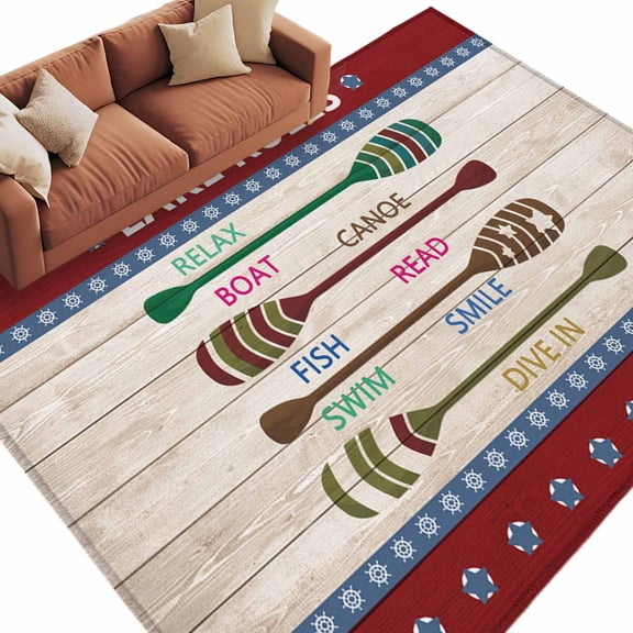 Lake Rules Large Area Rugs for Bedroom Living Room, Soft Non Slip Carpet Bedside Rug, Red Green Brown Paddle Striped Rudder Wooden Rectangular Floor Cover Kitchen Accent Rug 6'x9' for Office