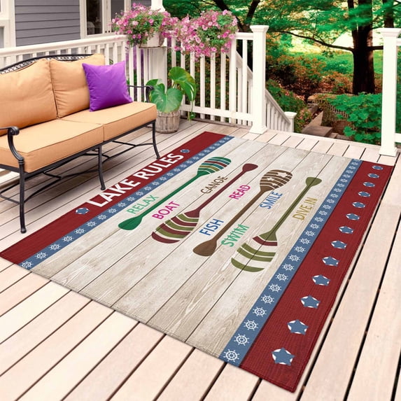 Lake Rules Outdoor Rug for Patio/Deck/Porch, Non-Slip Large Area Rug 6 x 9 Ft, Red Green Brown Paddle Striped Rudder Wooden Indoor Outdoor Rugs Washable Area Rugs, Camping Rug Carpet Runner