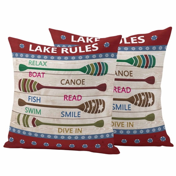Lake Rules Outdoor Waterproof Pillow Covers, Red Green Brown Paddle Striped Rudder Wooden Decorative Square Throw Pillowcase Sofa Cushion Sham for Patio/Couch/Chair, 24"x24" 2 Pack