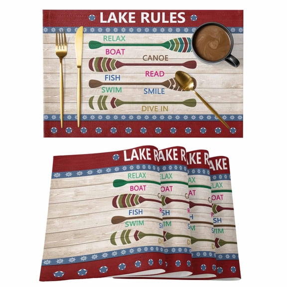 Lake Rules Placemats Set of 1 Summer Quant Star Stripes Wood Grain Farmhouse Heat Insulation Washable Place Mats, Non-Slip Table Mats for Dining Table Party Kitchen Decor,13x19 Inch