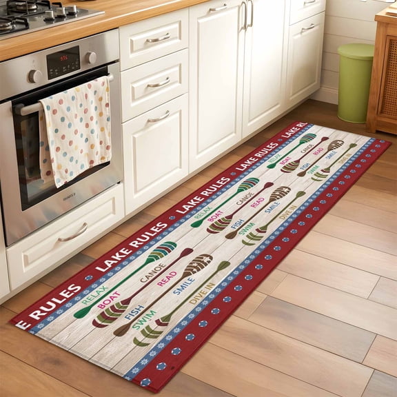 Lake Rules Runner Rug 2x6 FT, Non Slip Hallway Carpet, Red Green Brown Paddle Striped Rudder Wooden Washable Floor Carpet Throw Runner Carpet Long Rug for Entryway Kitchen Bedside Sliding Door