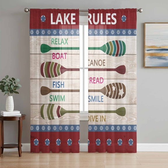 Lake Rules Semi Sheer Curtains 108 Inch Length 2 Panels Set, Red Green Brown Paddle Striped Rudder Wooden Sheer Kitchen Curtain Privacy Voile Window Curtain for Living Room Bedroom Rod Pocket Drapes