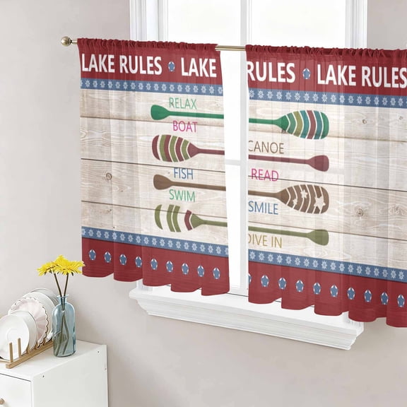 Lake Rules Semi Sheer Curtains 54 Inch Length 2 Panels Set, Red Green Brown Paddle Striped Rudder Wooden Sheer Kitchen Curtain Privacy Voile Window Curtain for Living Room Bedroom Rod Pocket Drapes