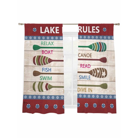 Lake Rules Sheer Curtains 2 Panels Set Summer Quant Star Stripes Wood Grain Farmhouse Sheer Window Curtains Light Filtering Rod Pocket Voile Drapes for Bedroom Living Room 52"x63"