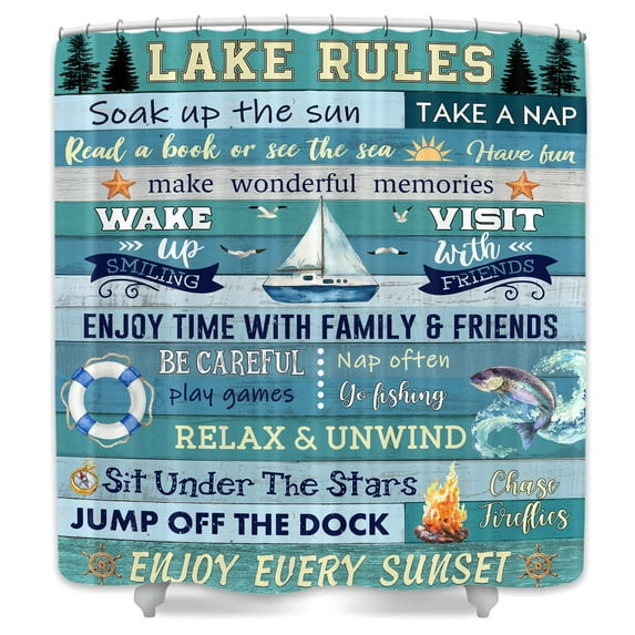 Lake Rules Shower Curtain,Farmhouse Blue Vintage Barn Door Wooden Inspirational Quotes,Rustic Cabin Lodge Camping Lake House Life Bathroom Accessories with Hooks,69X70 in