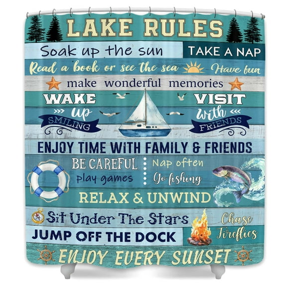 Lake Rules Shower Curtain,Farmhouse Blue Vintage Barn Door Wooden Inspirational Quotes,Rustic Cabin Lodge Camping Lake House Life Bathroom Accessories with Hooks,69X70 in