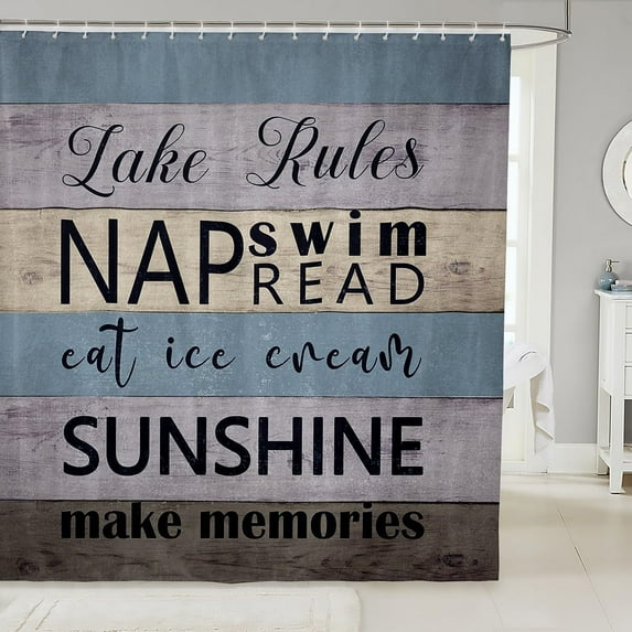 Lake Rules Shower Curtain Rustic Farmhouse Bathroom Shower Curtain Set for Kids Adult Lake Theme Bath Curtain Vintage Wood Panels Waterproof Curtains Room Decor 72 x 72 Inch
