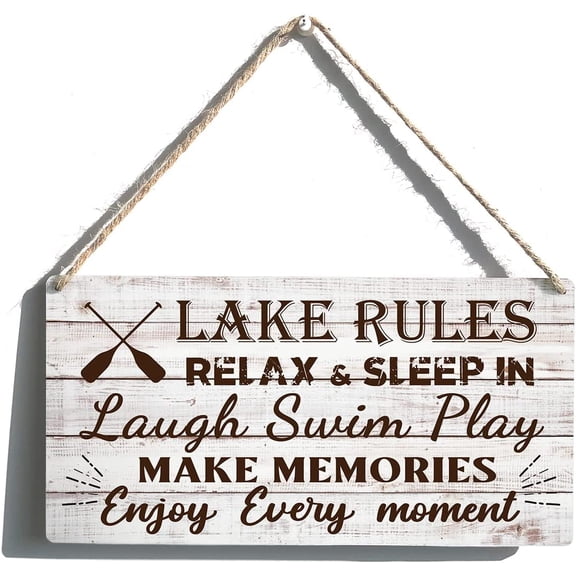 Lake Rules Sign Funny Farmhouse Make Memories Wooden Hanging Sign Plaque Rustic Retro Wall Art Decor Home Decoration 10x5 Inch