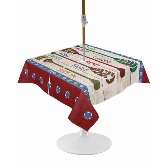 Lake Rules Square Outdoor Tablecloth, Waterproof Table Cloth Cover with Umbrella Hole and Zipper, Red Green Brown Paddle Striped Rudder Wooden Table Protector for Patio Party Picnic 54"x54"