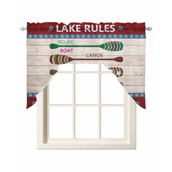 Lake Rules Swag Valances for Windows, Small Curtains Drapes, Red Green Brown Paddle Striped Rudder Wooden Kitchen Window Curtains Over Sink Window Treatment Valance for Bedroom/Bathroom 56"x36"