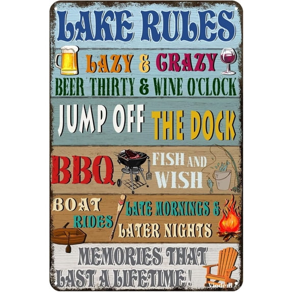 Lake Rules Tin Sign Cave Pool Country Lake House Farmhouse Cabin Beach Bar Wall Decor Sign 12x8 Inches