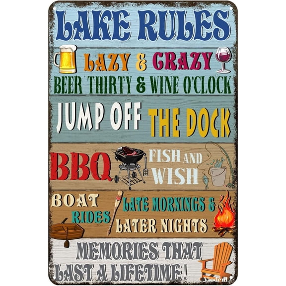 Lake Rules Tin Sign Cave Pool Country Lake House Farmhouse Cabin Beach Bar Wall Decor Sign 12x8 Inches