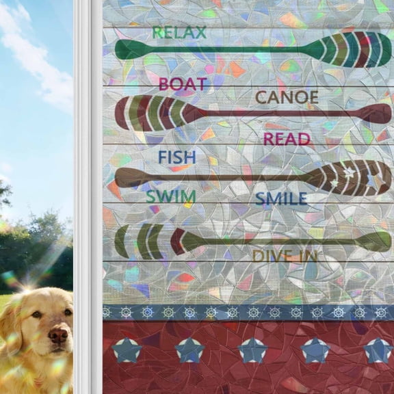 Lake Rules Window Privacy Film Stain Glass,Reusable Decorative Rainbow Window Film,Red Green Brown Paddle Striped Rudder Wooden Static Cling Sun Blocking Stickers Decals Covers 23.6" x 59" (2pcs)